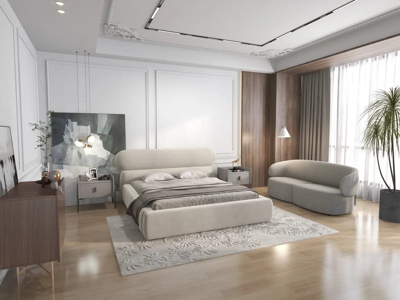 Pat dormitor tapitat bej, Amos 160x200 cm, somiera rabatabila inclusa, spatiu depozitare