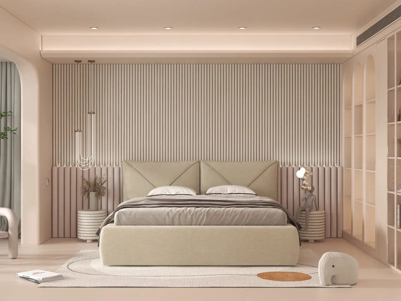 Pat dormitor tapitat bej, Lorenzo 160x200 cm, somiera rabatabila inclusa, spatiu depozitare