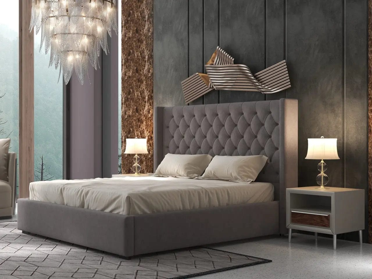 Pat dormitor dumonde, tapitat gri, Luxury 160x200 cm, somiera rabatabila inclusa, spatiu depozitare