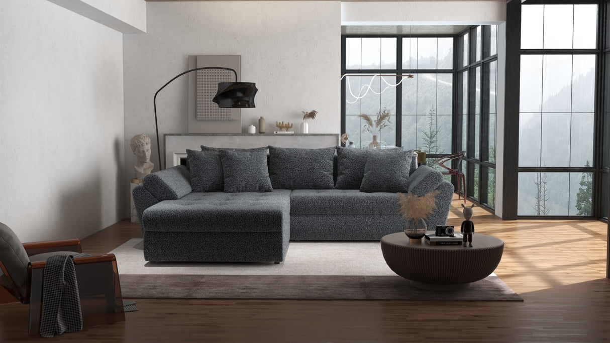 Colțar extensibil dumonde cu ladă de depozitare si sezut confortabil din spuma HR, Loana Dark Gray Euphoria 270x185 cm