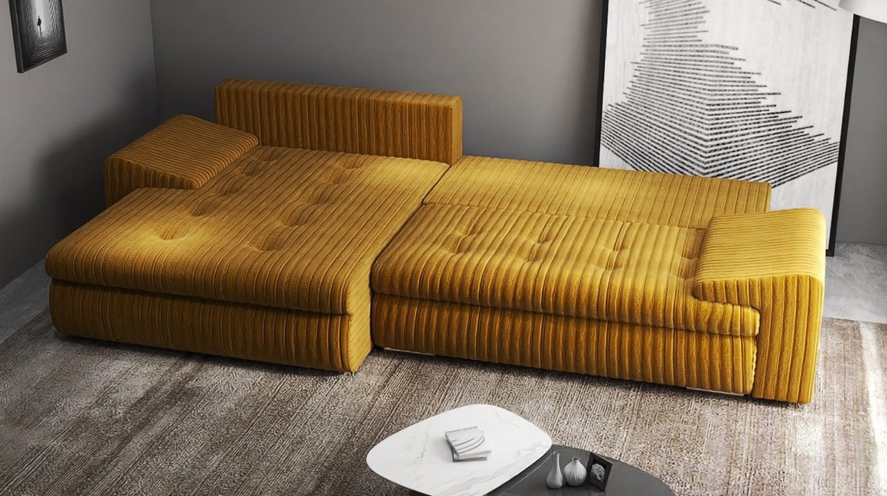 Colțar extensibil dumonde cu ladă de depozitare si sezut confortabil din spuma HR, Leonardo Ambience Mustar 255x193 cm Fabrica