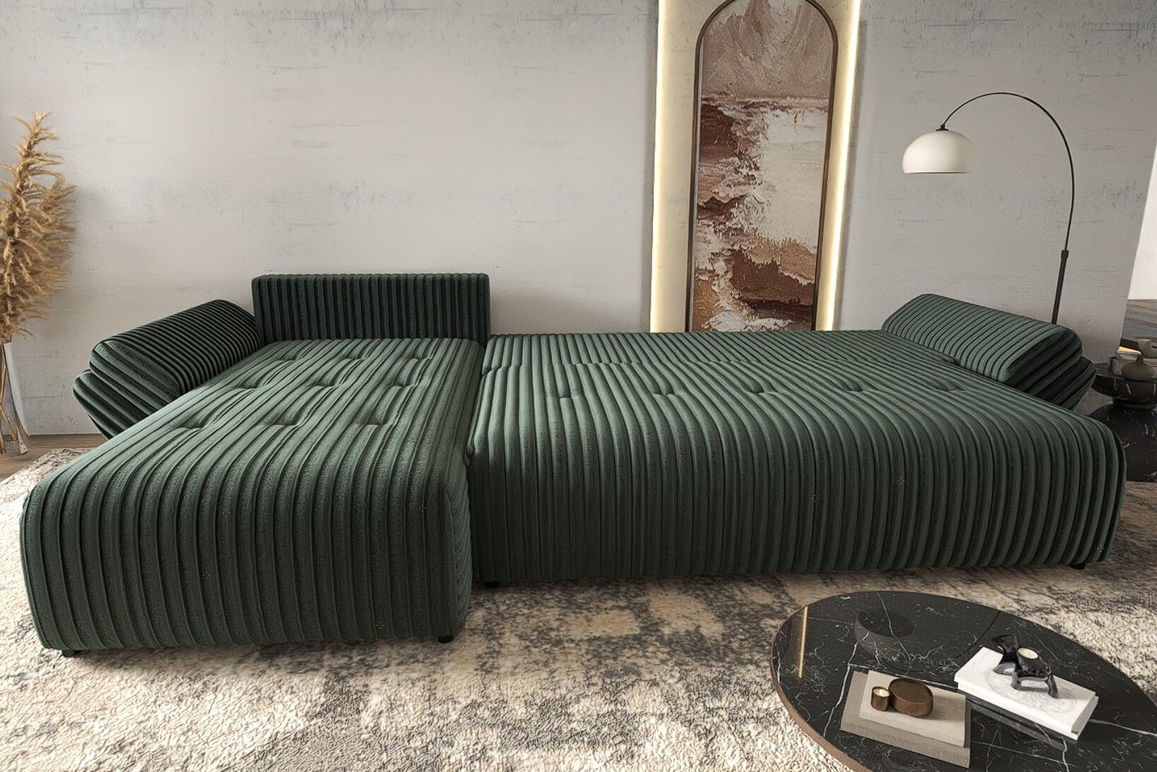 Colțar extensibil dumonde cu ladă de depozitare si sezut confortabil din spuma HR, Berlin XL Ambience Green 350x185 cm