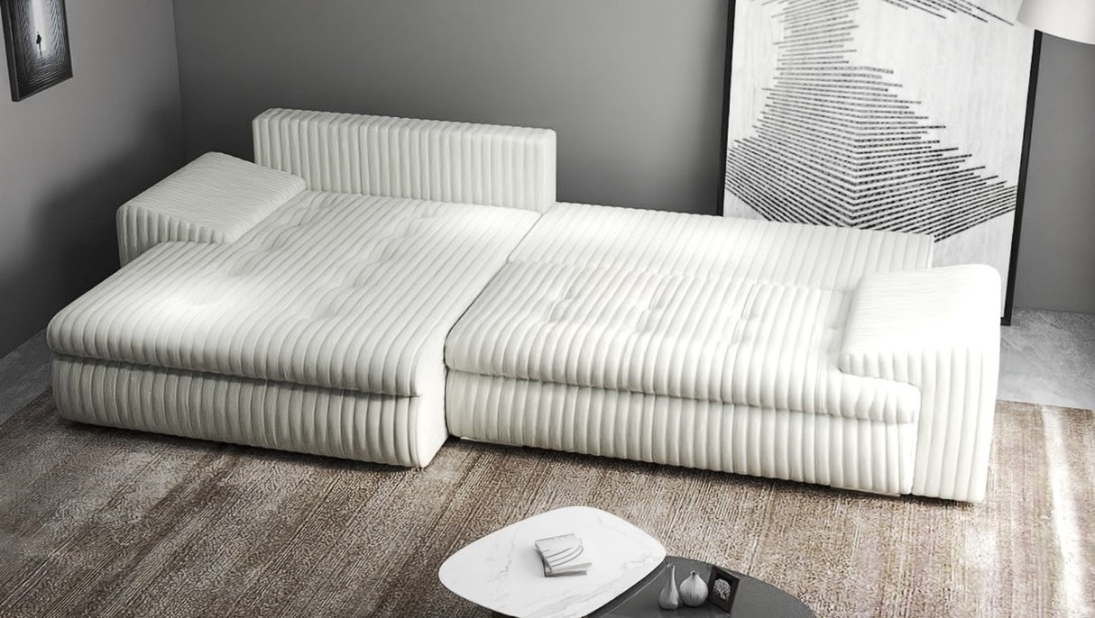 Colțar extensibil dumonde cu ladă de depozitare si sezut confortabil din spuma HR, Leonardo Ambience Alb 255x193 cm