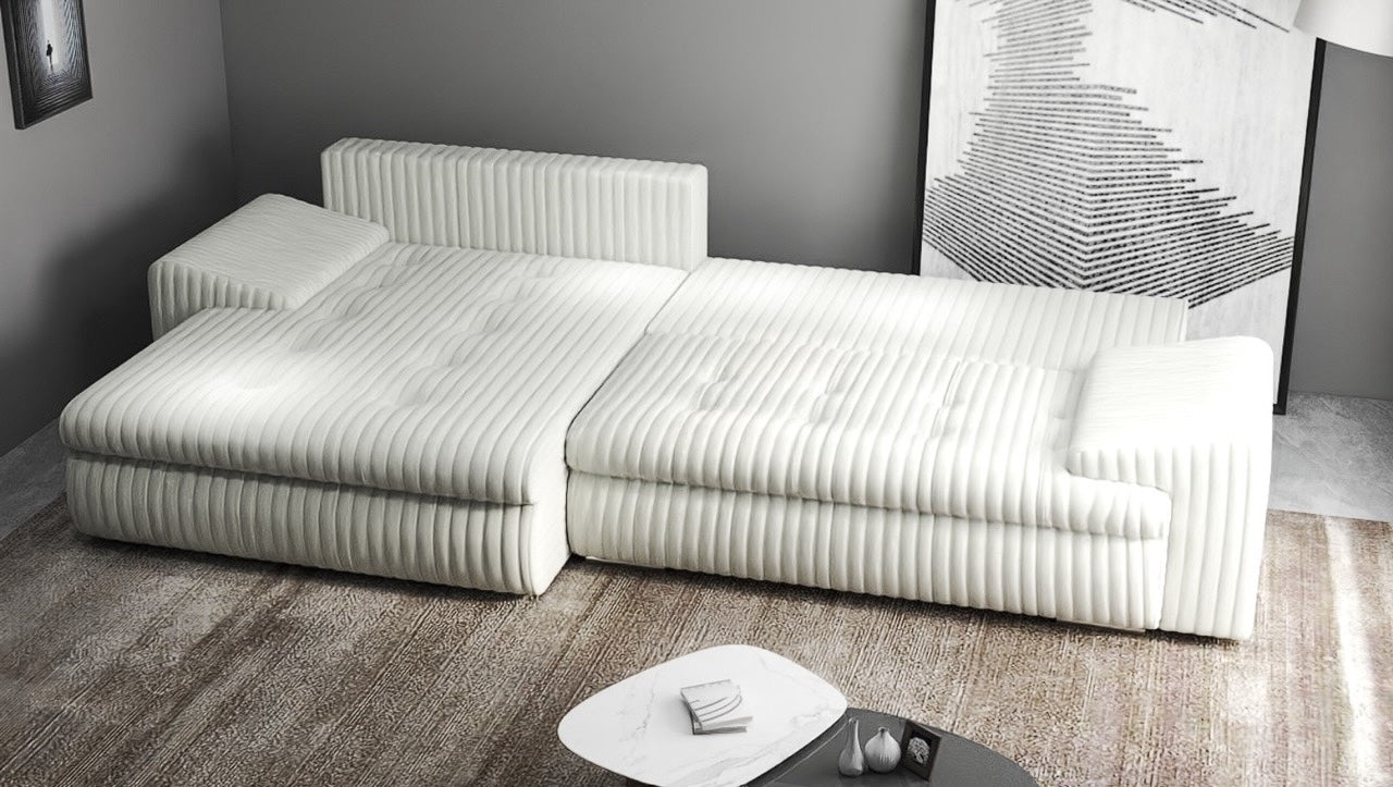 Colțar extensibil dumonde cu ladă de depozitare si sezut confortabil din spuma HR, Leonardo Ambience Ivory 255x193 cm Fabrica