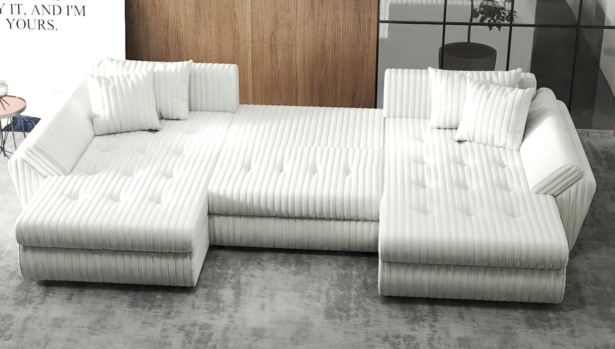Colțar extensibil dumonde cu ladă de depozitare si sezut confortabil din spuma HR, Berlin U Ambience Bej 380x180 cm Fabrica