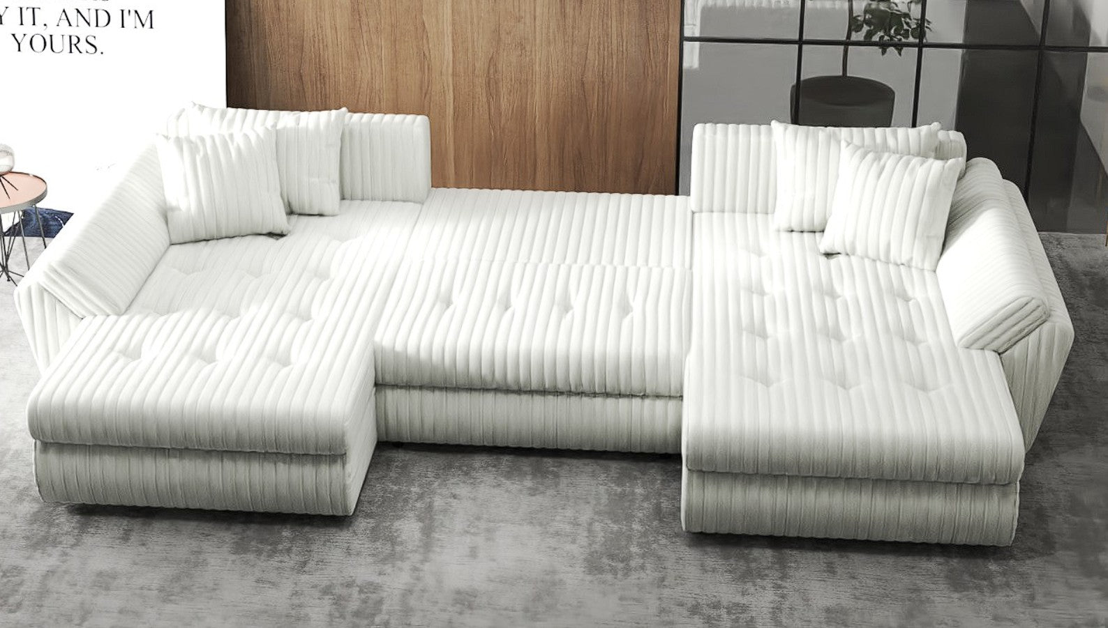 Colțar extensibil dumonde cu ladă de depozitare si sezut confortabil din spuma HR, Berlin U Ambience Bej 380x180 cm Fabrica