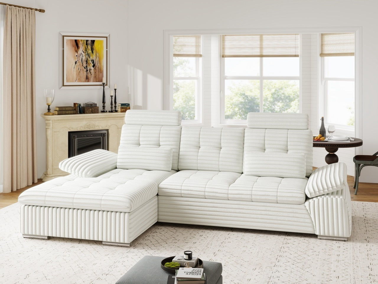 Colțar extensibil dumonde cu ladă de depozitare și șezut confortabil din spumă HR, Merkur Ambience Alb 270x168 cm