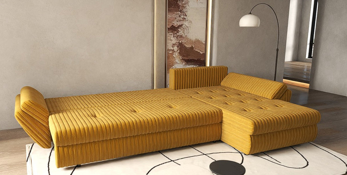 Colțar extensibil dumonde cu ladă de depozitare si sezut confortabil din spuma HR, Loana XL Ambience Mustar 335x185 cm Fabrica