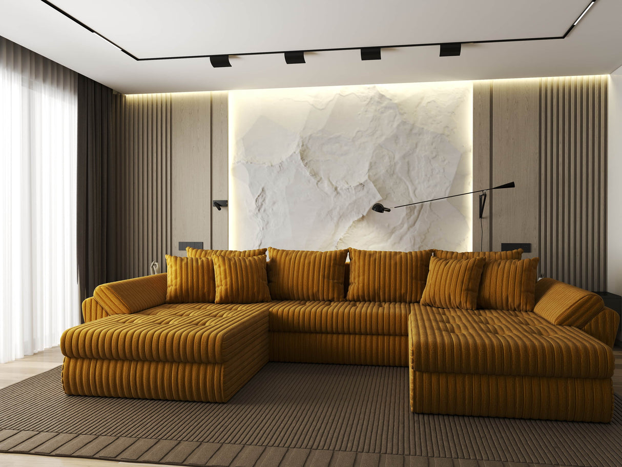 Colțar extensibil dumonde cu ladă de depozitare si sezut confortabil din spuma HR, Loana U Mustar Ambience 355x185 cm Fabrica