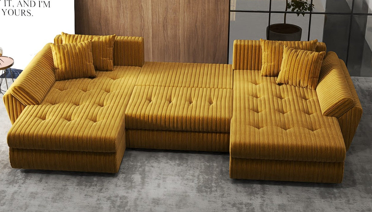 Colțar extensibil dumonde cu ladă de depozitare si sezut confortabil din spuma HR, Berlin U Mustar 380x180 cm Fabrica