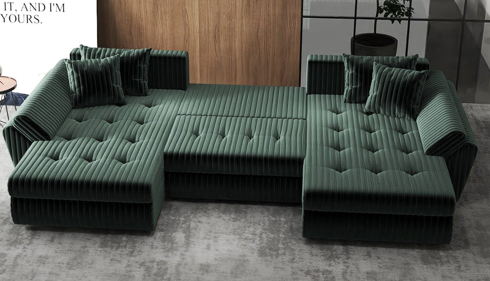 Colțar extensibil dumonde cu ladă de depozitare si sezut confortabil din spuma HR, Berlin U Verde Ambience 380x180 cm Fabrica