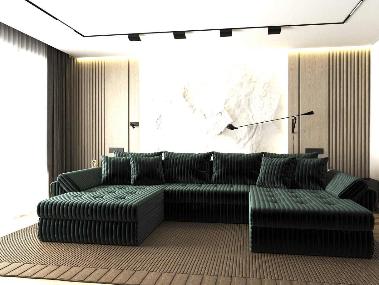 Colțar extensibil dumonde cu ladă de depozitare si sezut confortabil din spuma HR, Loana U Verde Ambience 355x185 cm Fabrica