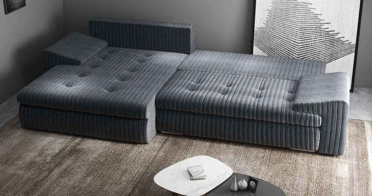 Colțar extensibil dumonde cu ladă de depozitare si sezut confortabil din spuma HR, Leonardo Ambience Gri 255x193 cm