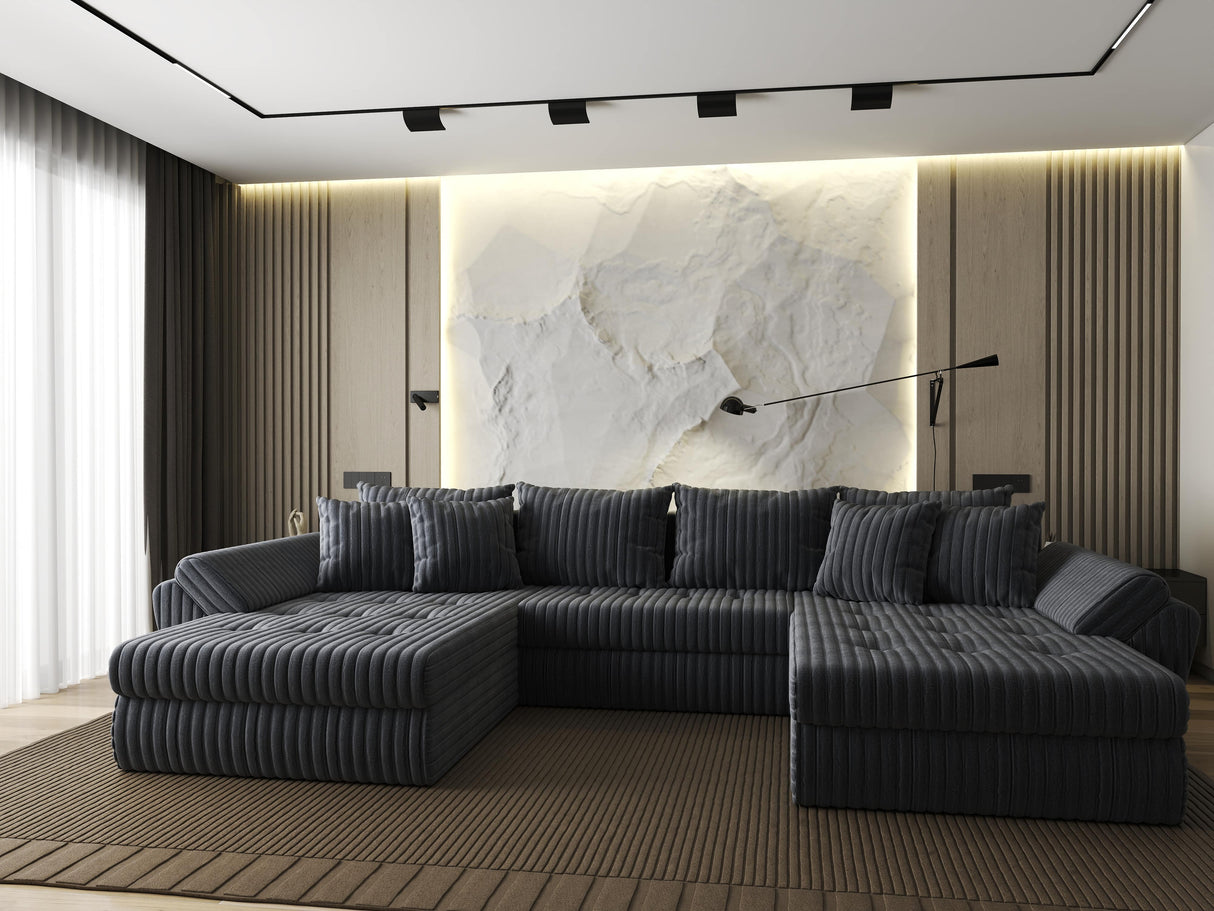 Colțar extensibil dumonde cu ladă de depozitare si sezut confortabil din spuma HR, Loana U Gri Ambience 355x185 cm Fabrica