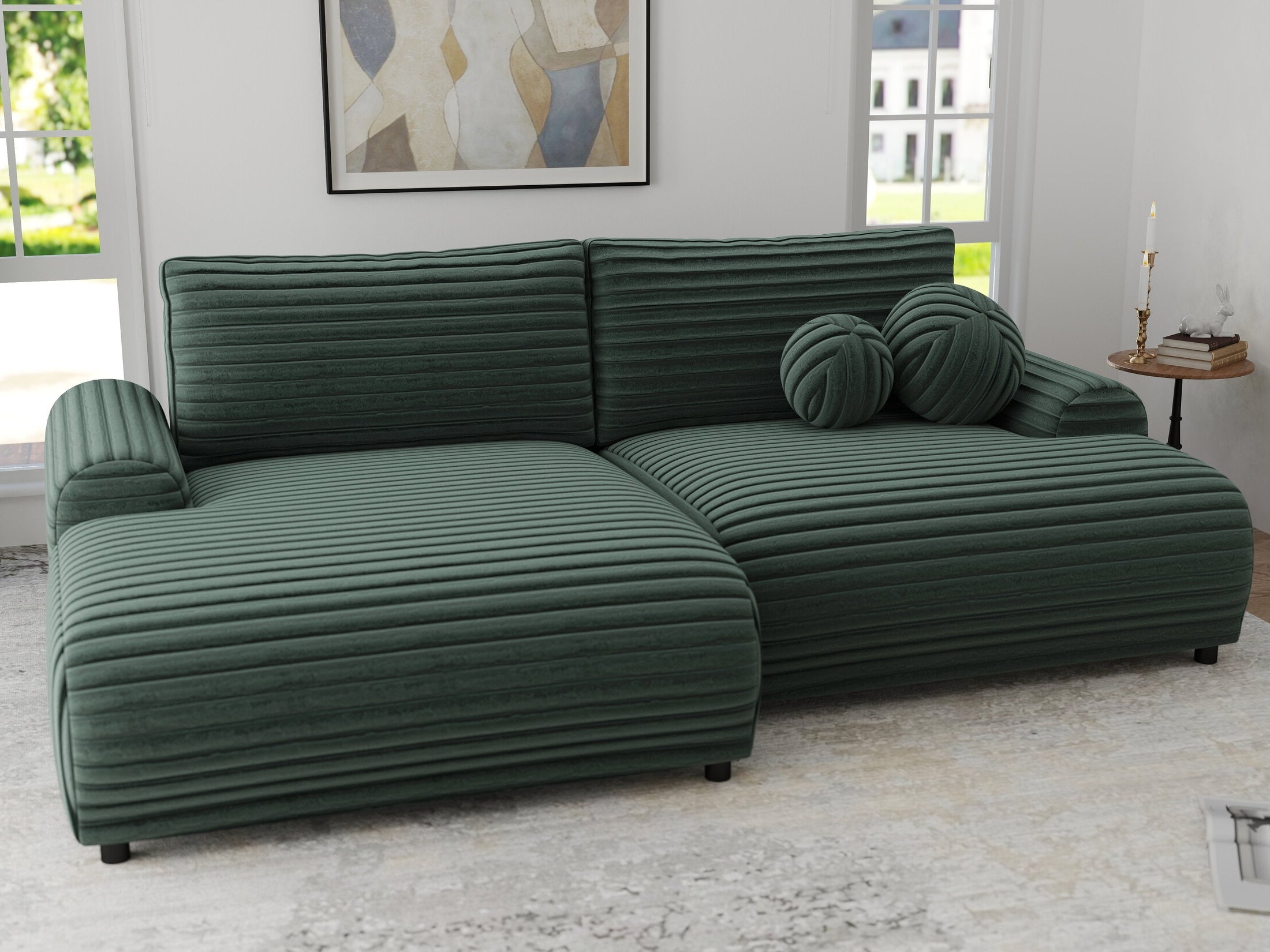 Colțar extensibil dumonde cu ladă de depozitare și șezut confortabil din spumă HR, Carlo Ambience Verde 240x145 cm