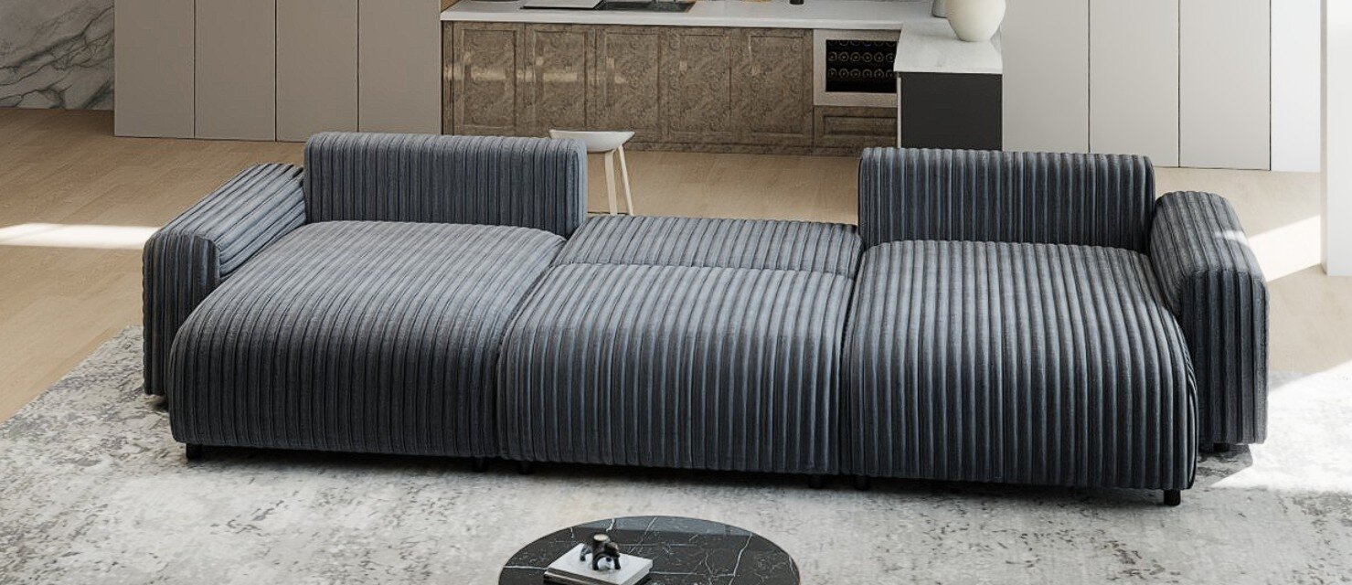 Colțar extensibil dumonde cu ladă de depozitare si sezut confortabil din spuma HR, Luma U Ambience Gri 336x140 cm