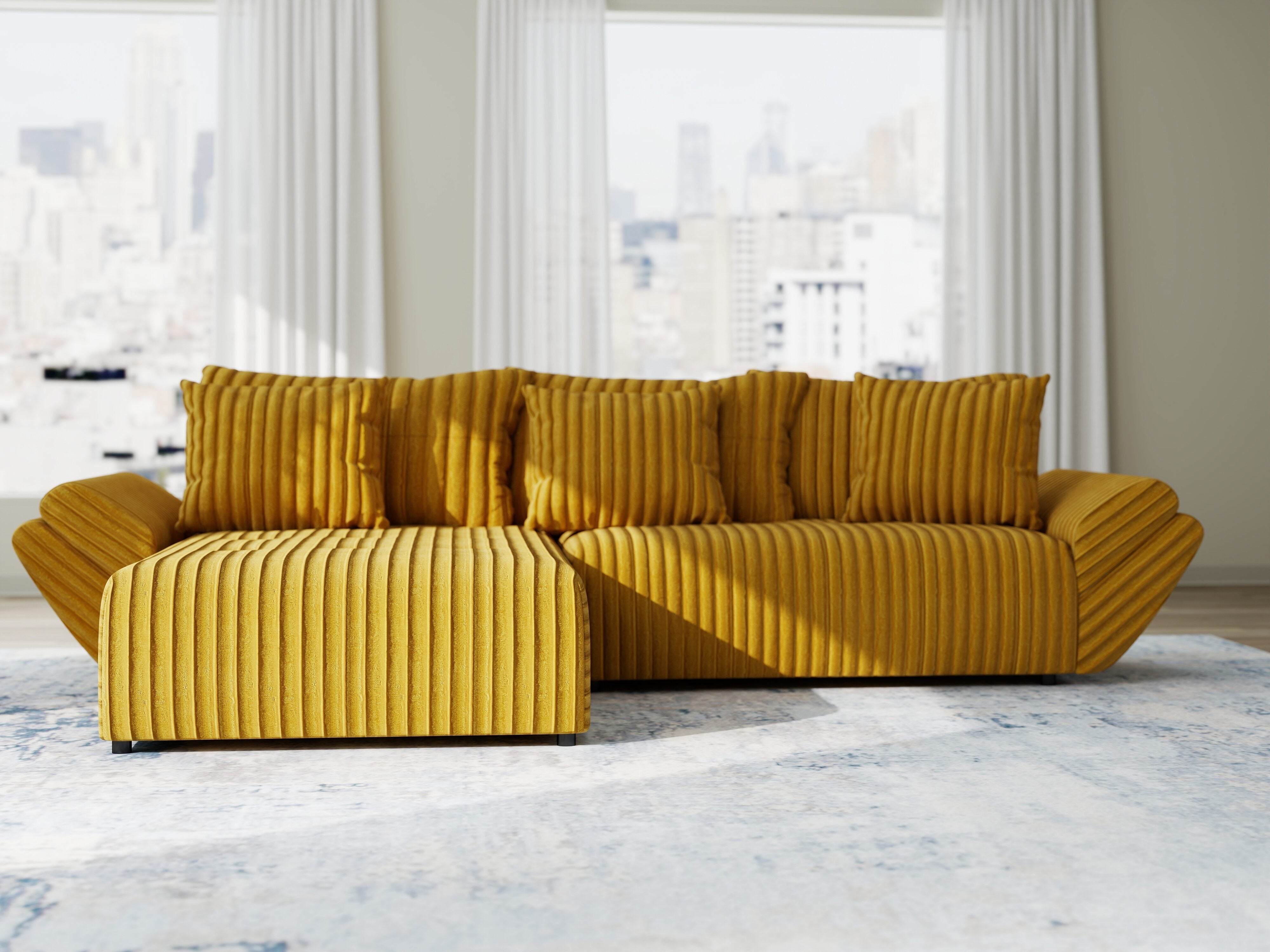 Colțar extensibil dumonde cu ladă de depozitare si sezut confortabil din spuma HR, Berlin Ambience Mustar 280x185 cm