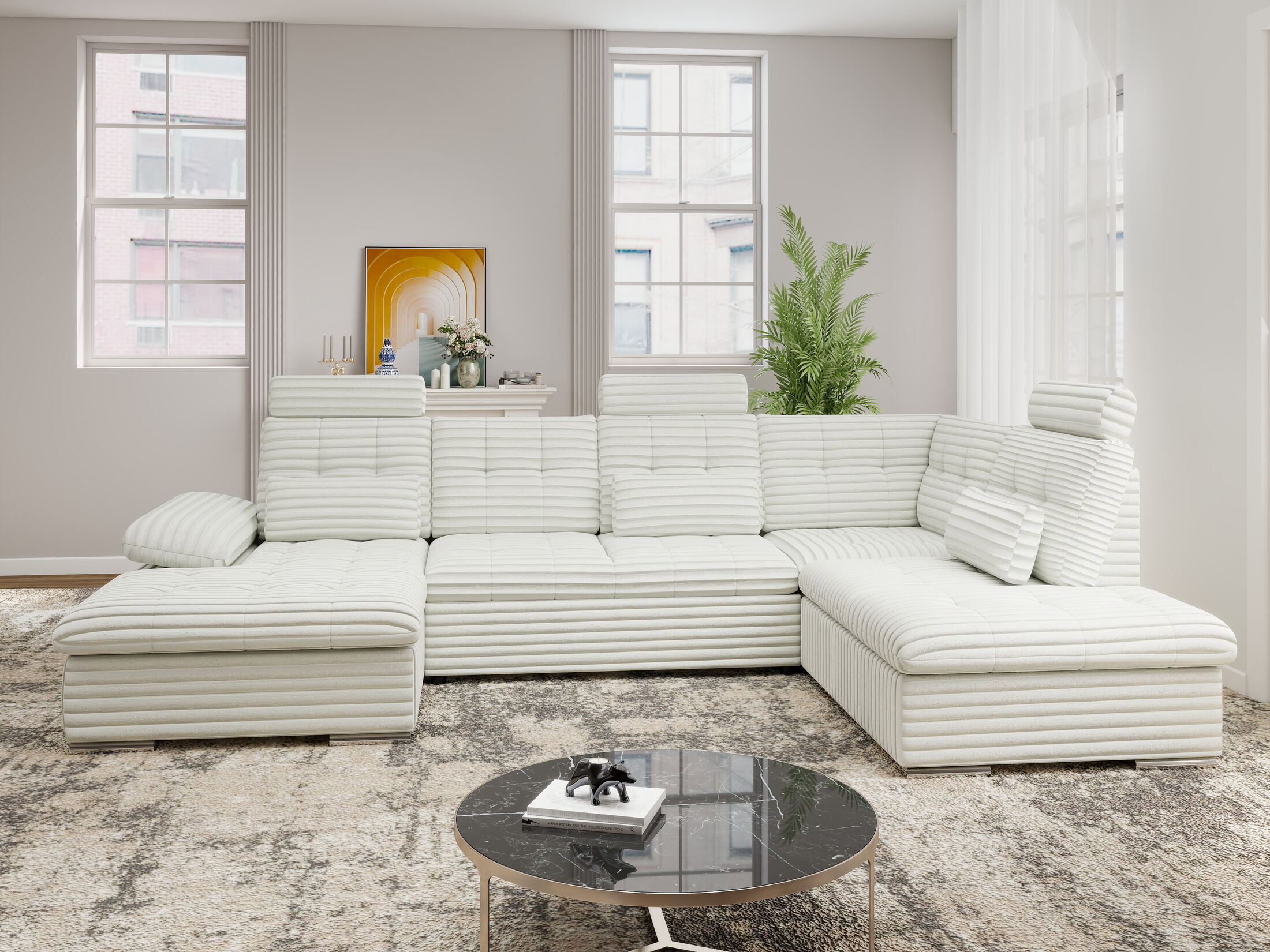 Colțar extensibil dumonde cu ladă de depozitare și șezut confortabil din spumă HR, Merkur U Ambience Alb 324x218 cm