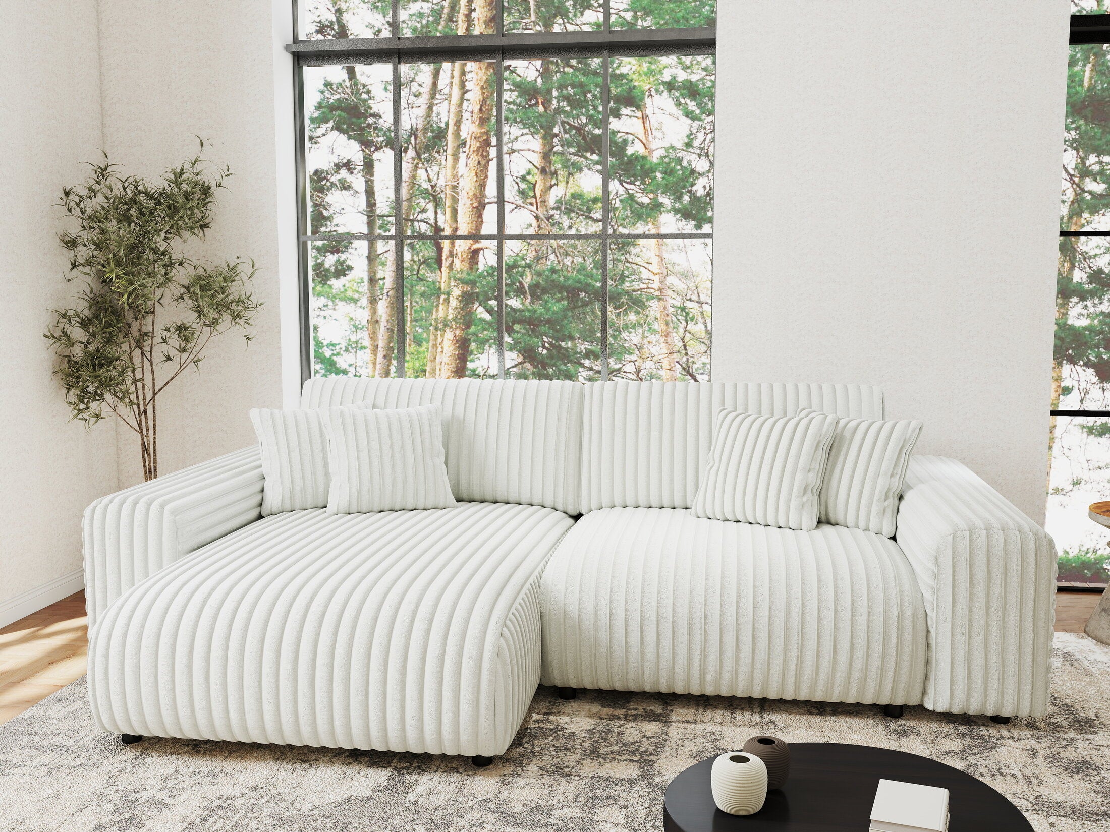 Colțar extensibil dumonde cu ladă de depozitare si sezut confortabil din spuma HR, Sarina Ambience Alb 255x168 cm