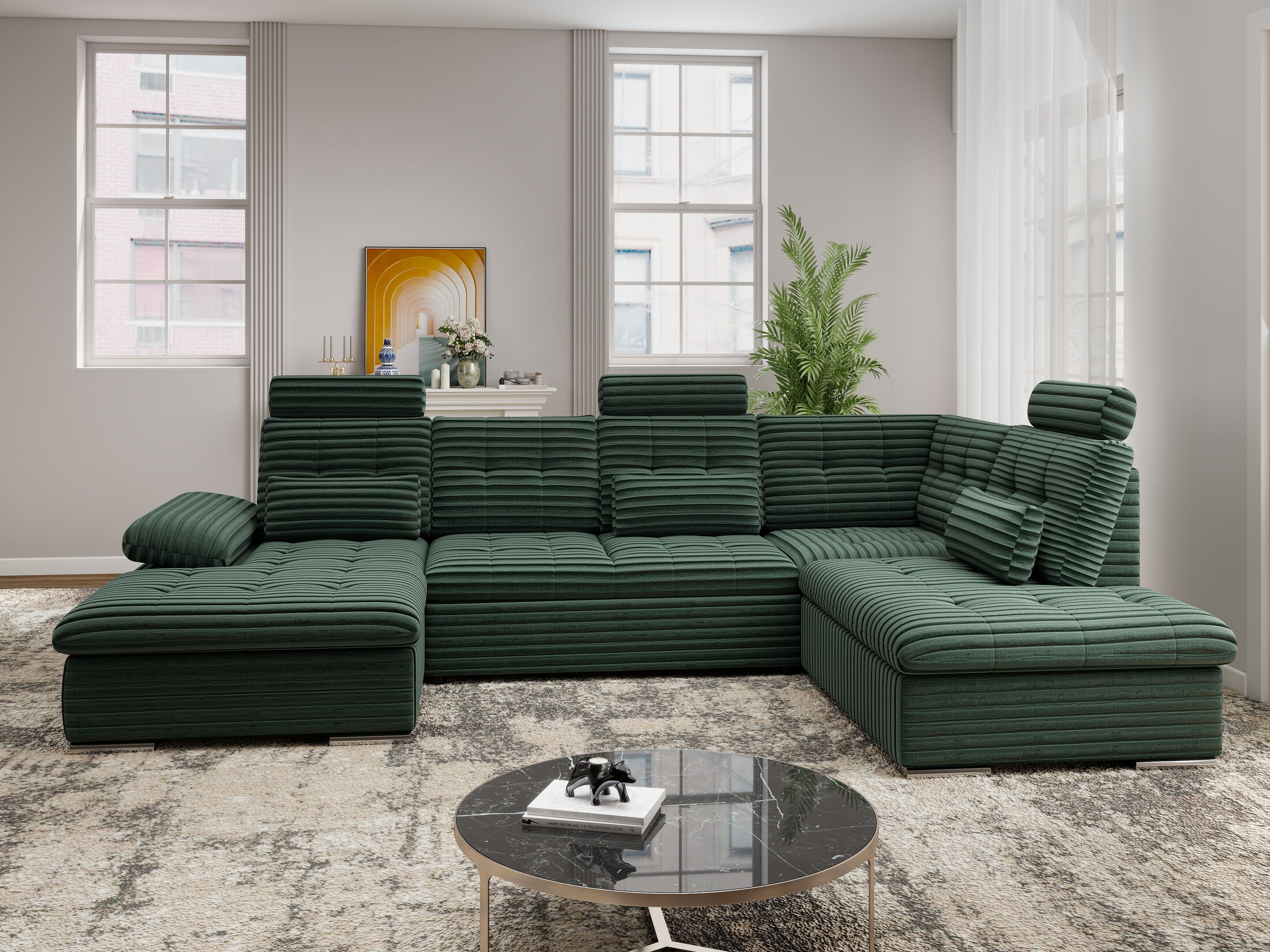 Colțar extensibil dumonde cu ladă de depozitare și șezut confortabil din spumă HR, Merkur U Ambience Verde 324x218 cm