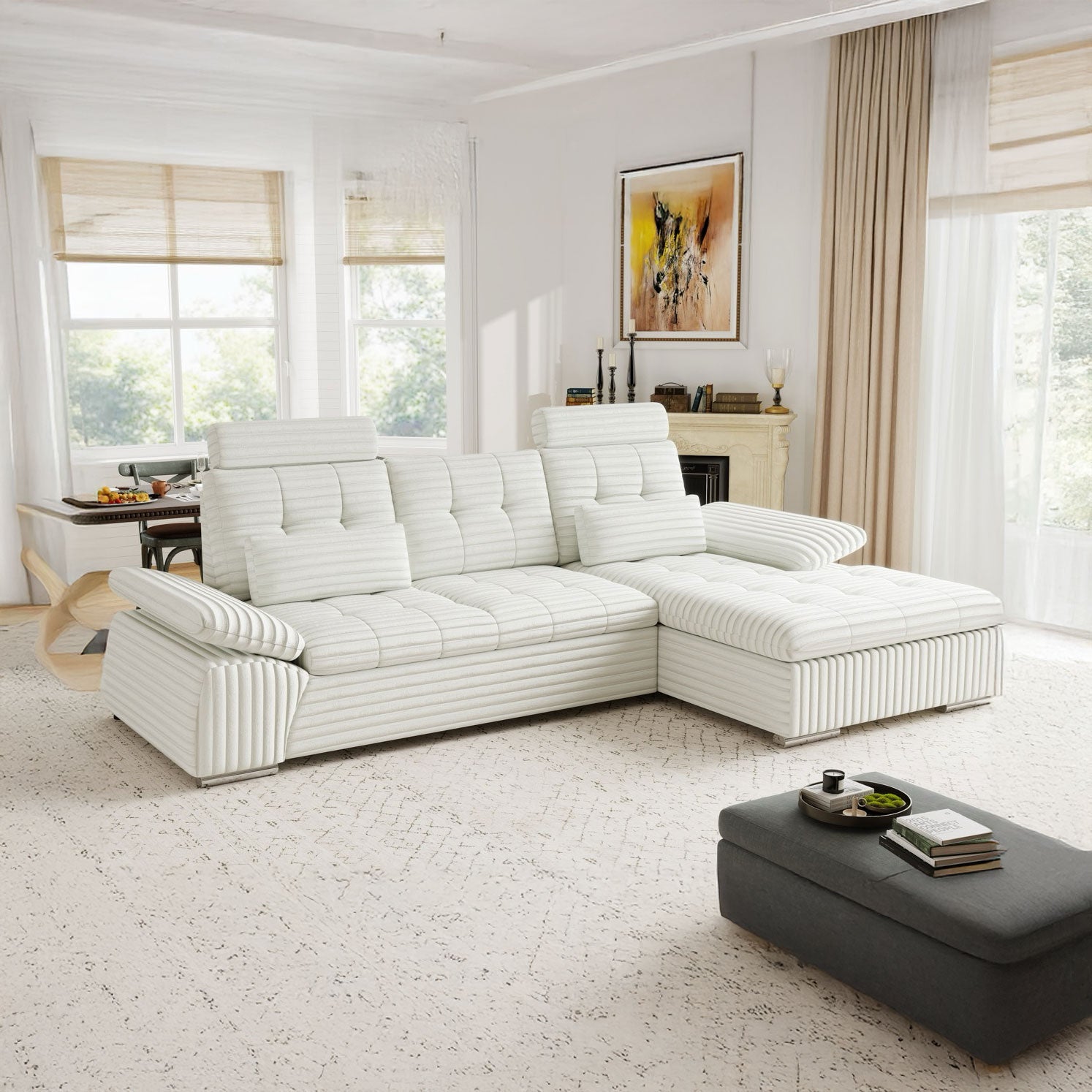 Colțar extensibil dumonde cu ladă de depozitare și șezut confortabil din spumă HR, Merkur Ambience Alb 270x168 cm II