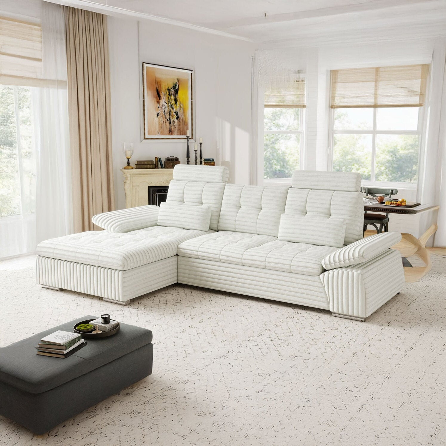 Colțar extensibil dumonde cu ladă de depozitare și șezut confortabil din spumă HR, Merkur Ambience Alb 270x168 cm