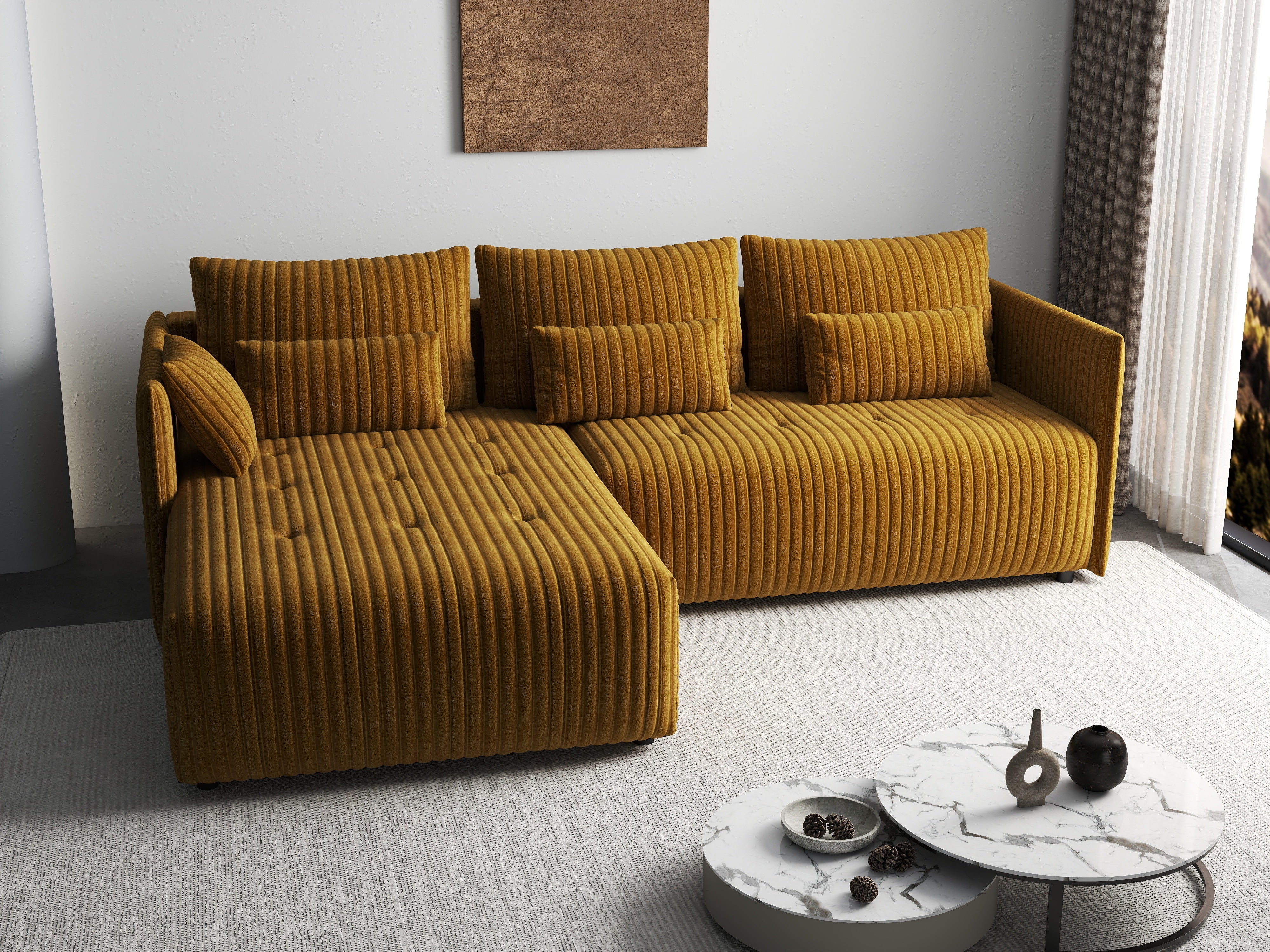 Colțar extensibil dumonde cu ladă de depozitare si sezut confortabil din spuma HR, Malta Ambience Mustard 235x185 cm Fabrica