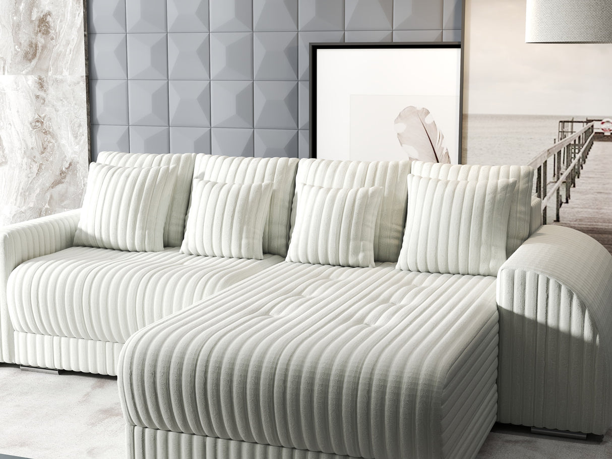 Colțar extensibil dumonde cu ladă de depozitare si sezut confortabil din spuma HR, Verona Ambience Alb II 290x185 cm Fabrica