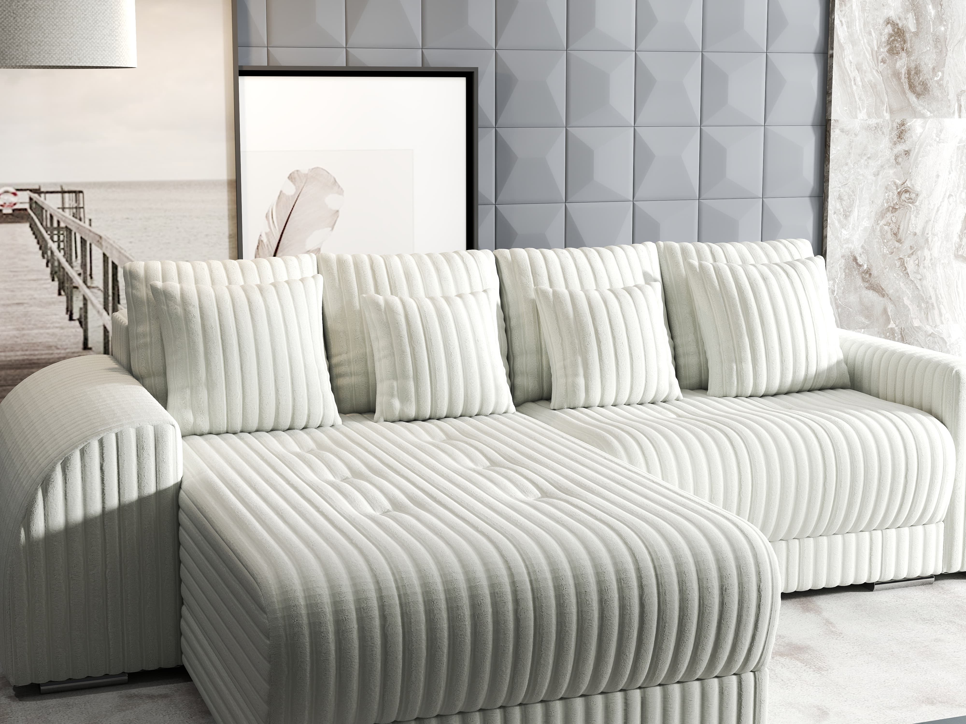 Colțar extensibil dumonde cu ladă de depozitare si sezut confortabil din spuma HR, Verona Ambience Alb 290x185 cm Fabrica