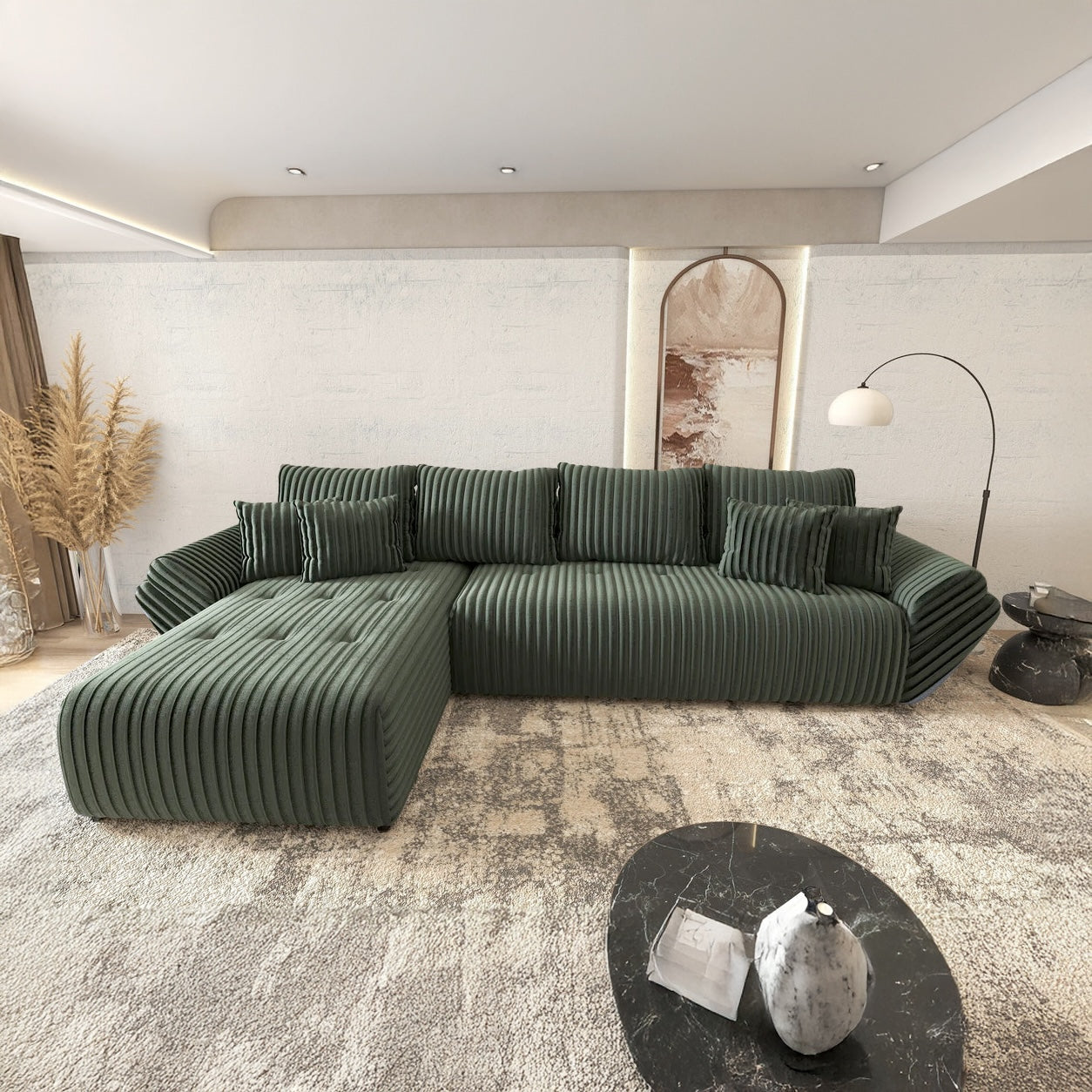 Colțar extensibil dumonde cu ladă de depozitare si sezut confortabil din spuma HR, Berlin XL Ambience Green 350x185 cm