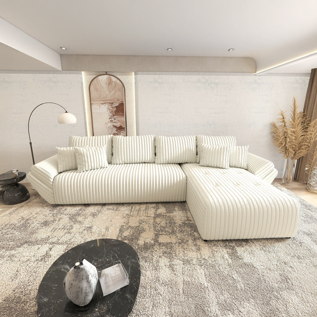 Colțar extensibil dumonde cu ladă de depozitare si sezut confortabil din spuma HR, Berlin XL Ambience Ivory II 350x185 cm