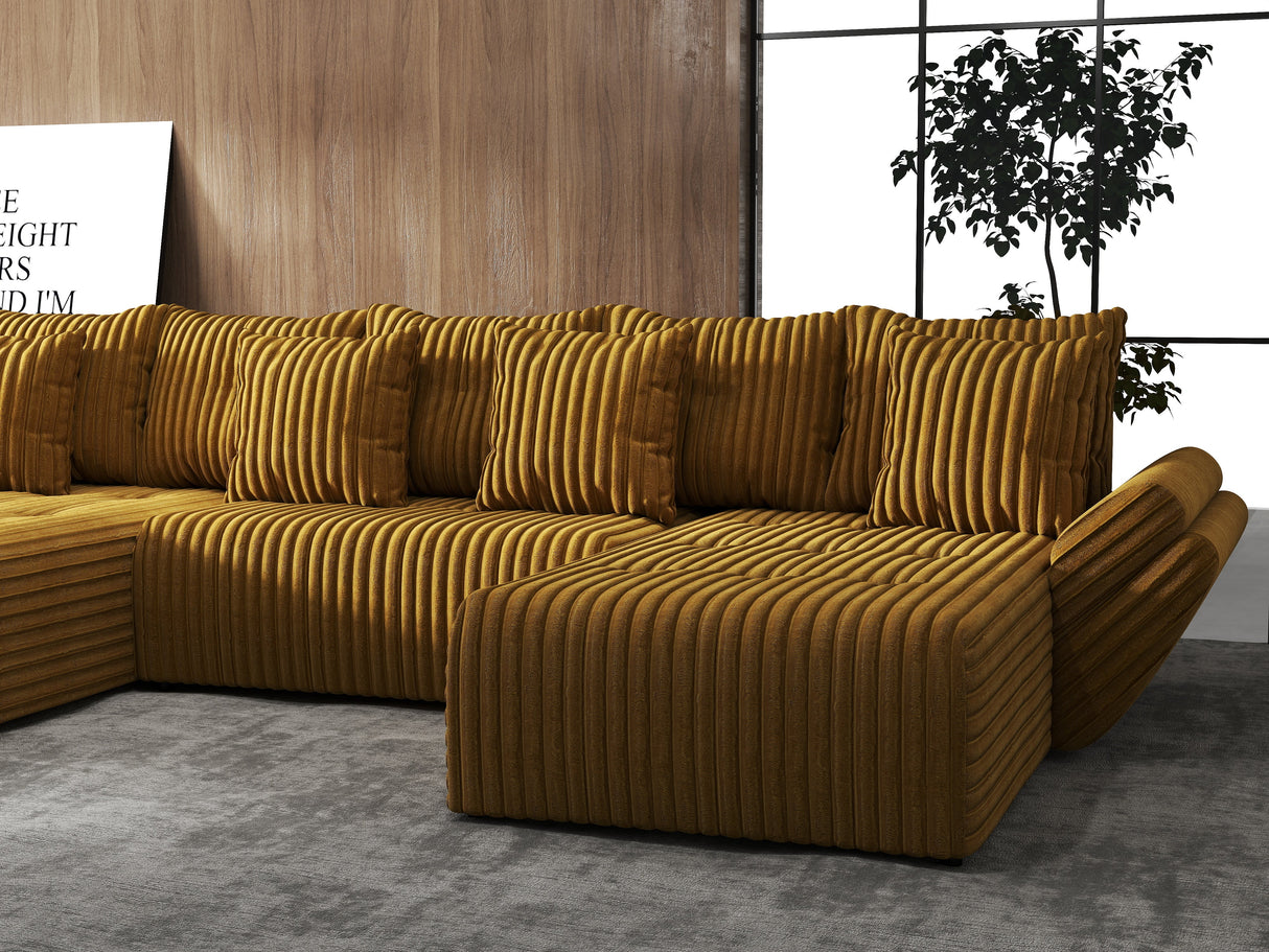 Colțar extensibil dumonde cu ladă de depozitare si sezut confortabil din spuma HR, Berlin U Mustar 380x180 cm Fabrica