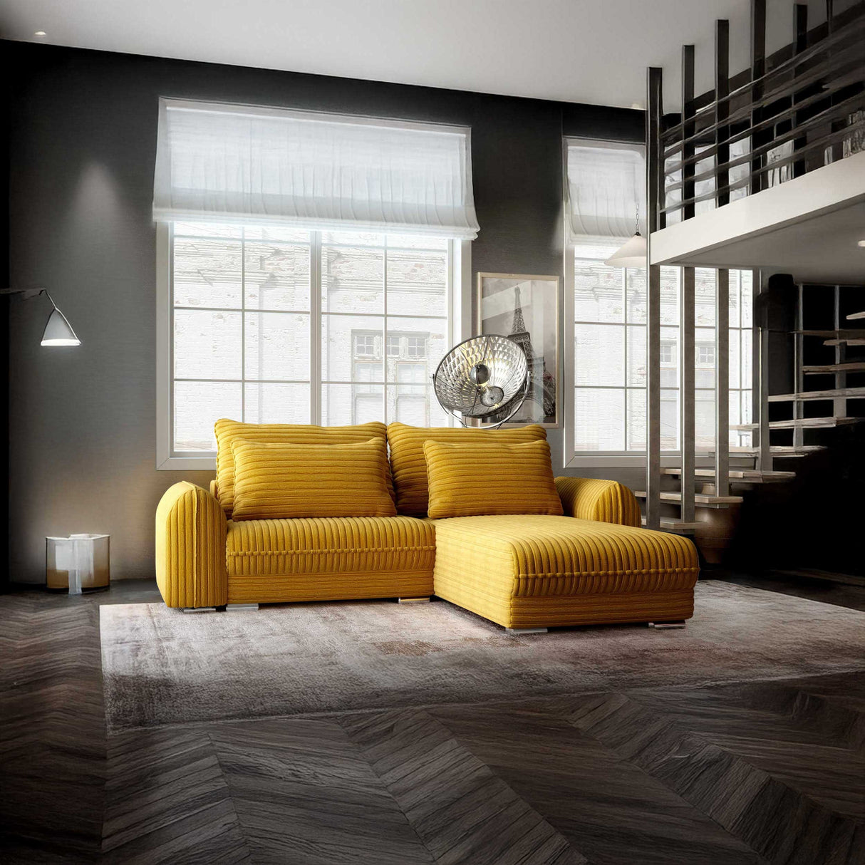 Colțar extensibil dumonde cu ladă de depozitare si sezut confortabil din spuma HR, Denver Ambience Mustar 275x185 cm II Fabrica
