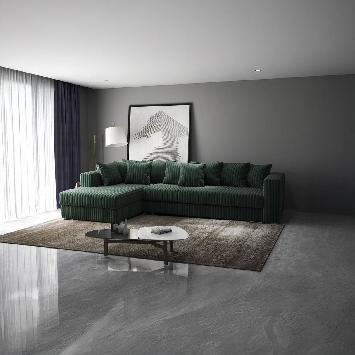 Colțar extensibil dumonde cu ladă de depozitare si sezut confortabil din spuma HR, Gloria Verde Ambience 320x183 cm Fabrica