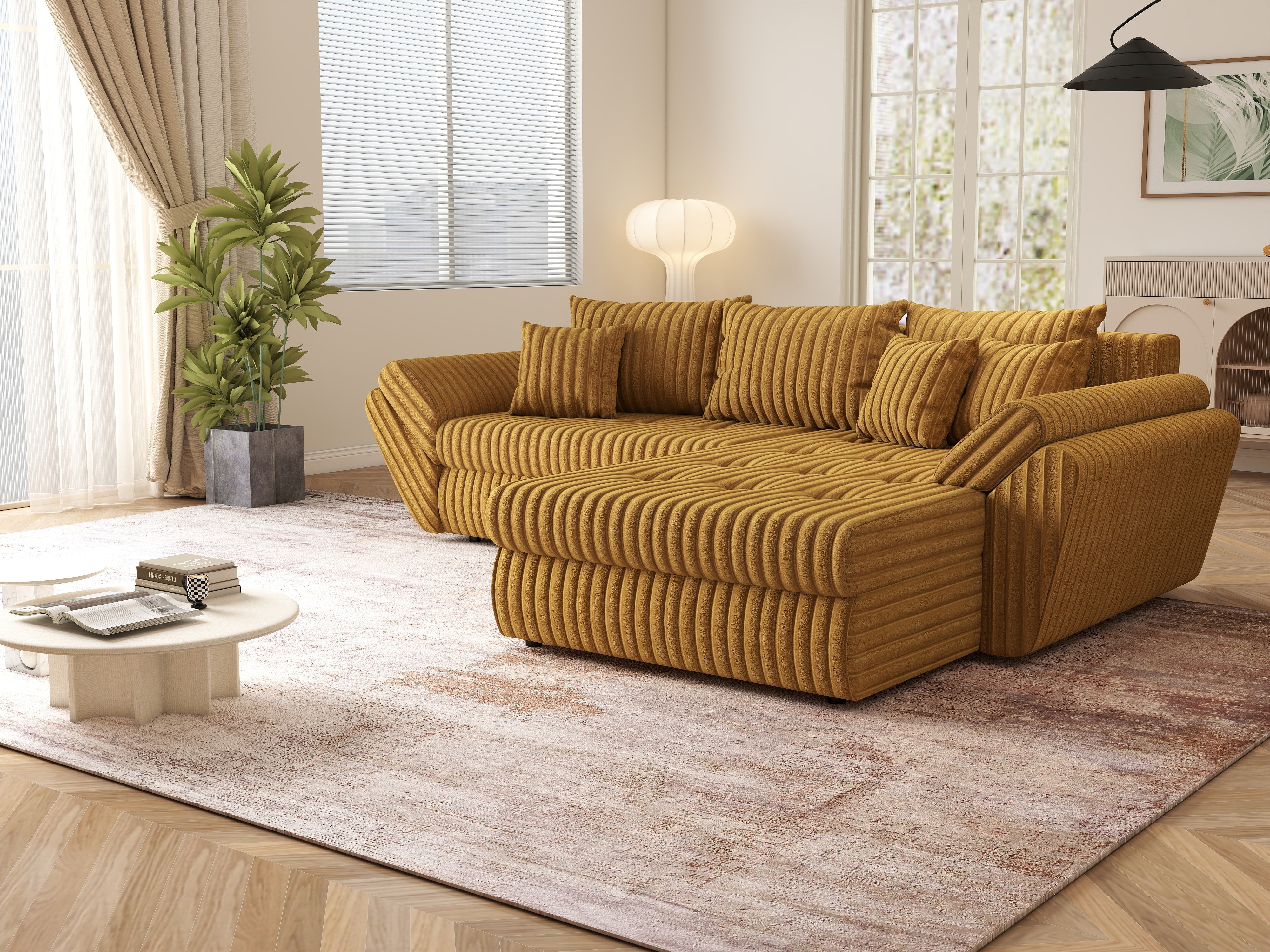Colțar extensibil dumonde cu ladă de depozitare si sezut confortabil din spuma HR, Loana Ambience Mustar II 270x185 cm Fabrica