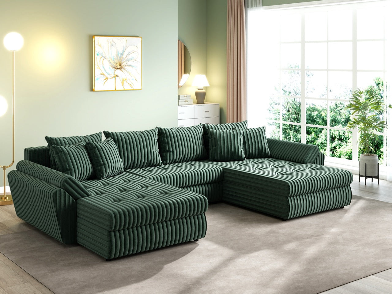 Colțar extensibil dumonde cu ladă de depozitare si sezut confortabil din spuma HR, Loana U Ambience Green 355x185 cm