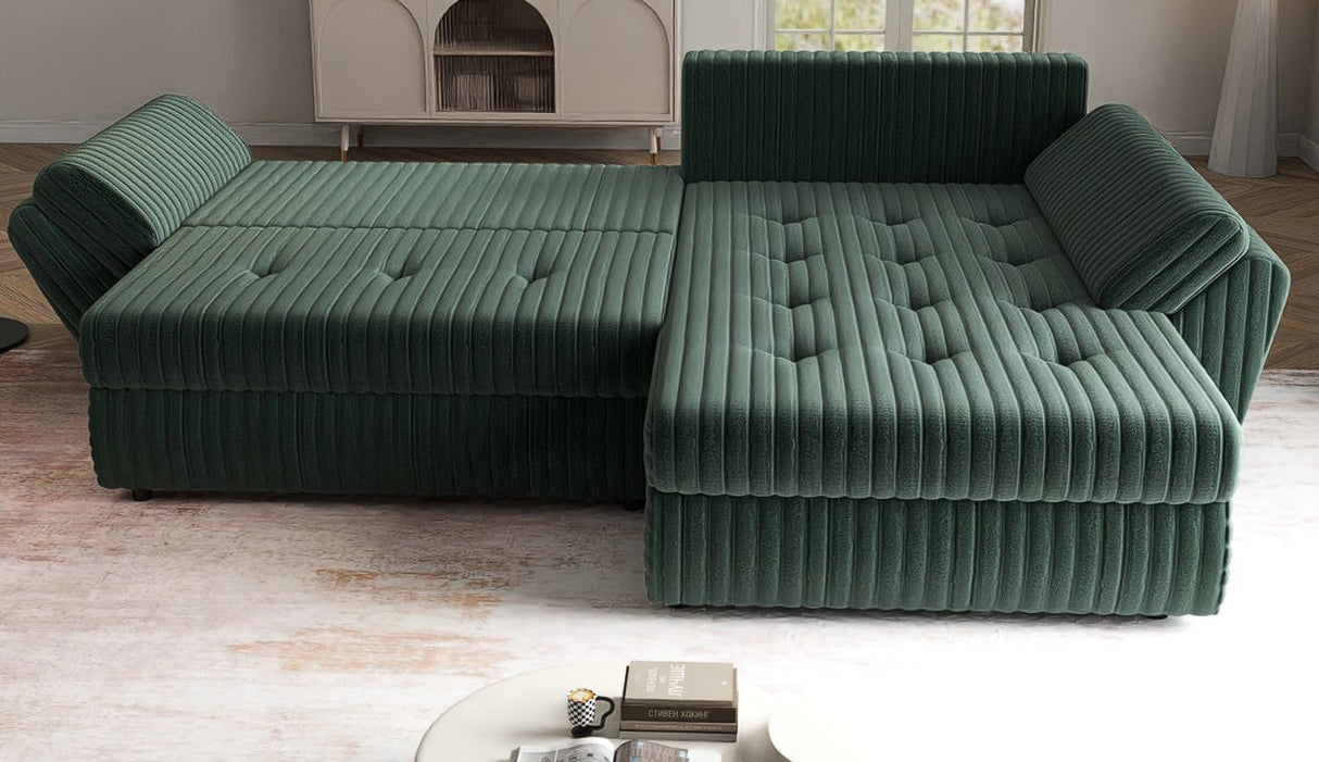 Colțar extensibil dumonde cu ladă de depozitare si sezut confortabil din spuma HR, Loana Verde Ambience II 270x185 cm Fabrica