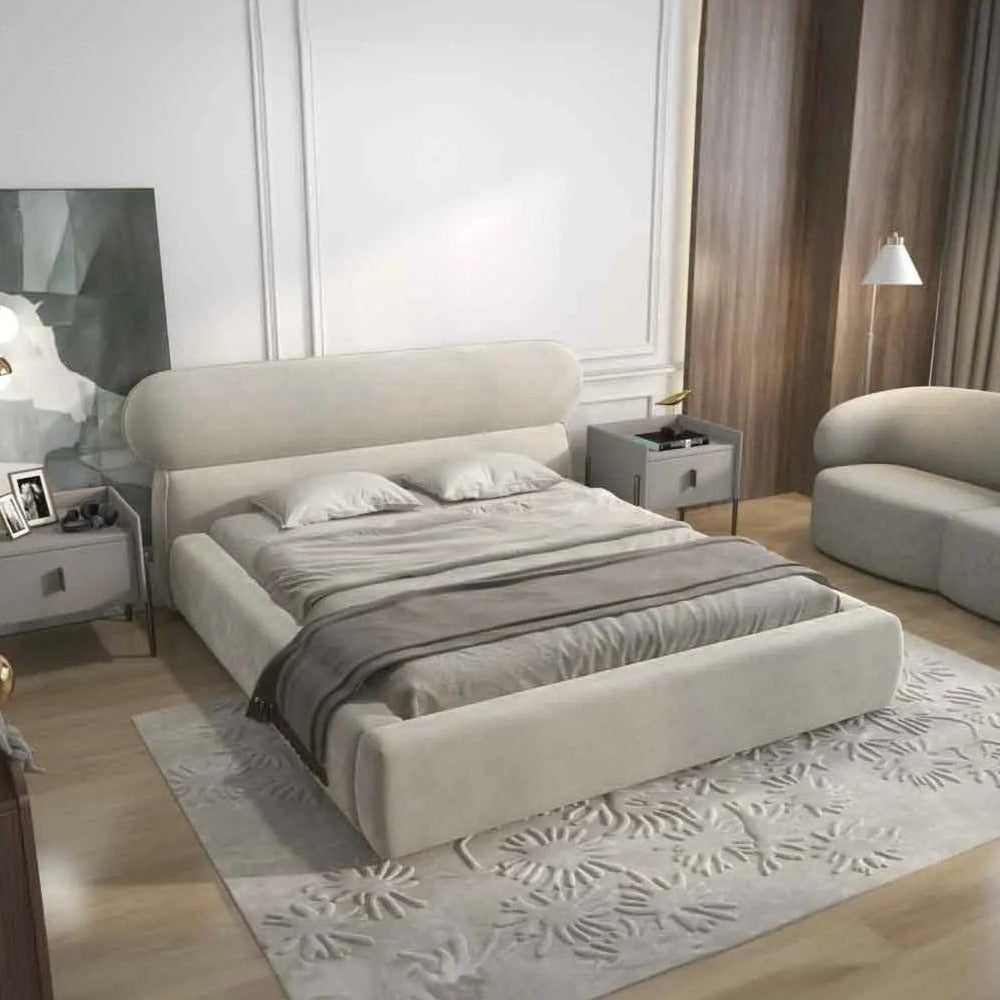 Pat dormitor tapitat bej, Amos 160x200 cm, somiera rabatabila inclusa, spatiu depozitare