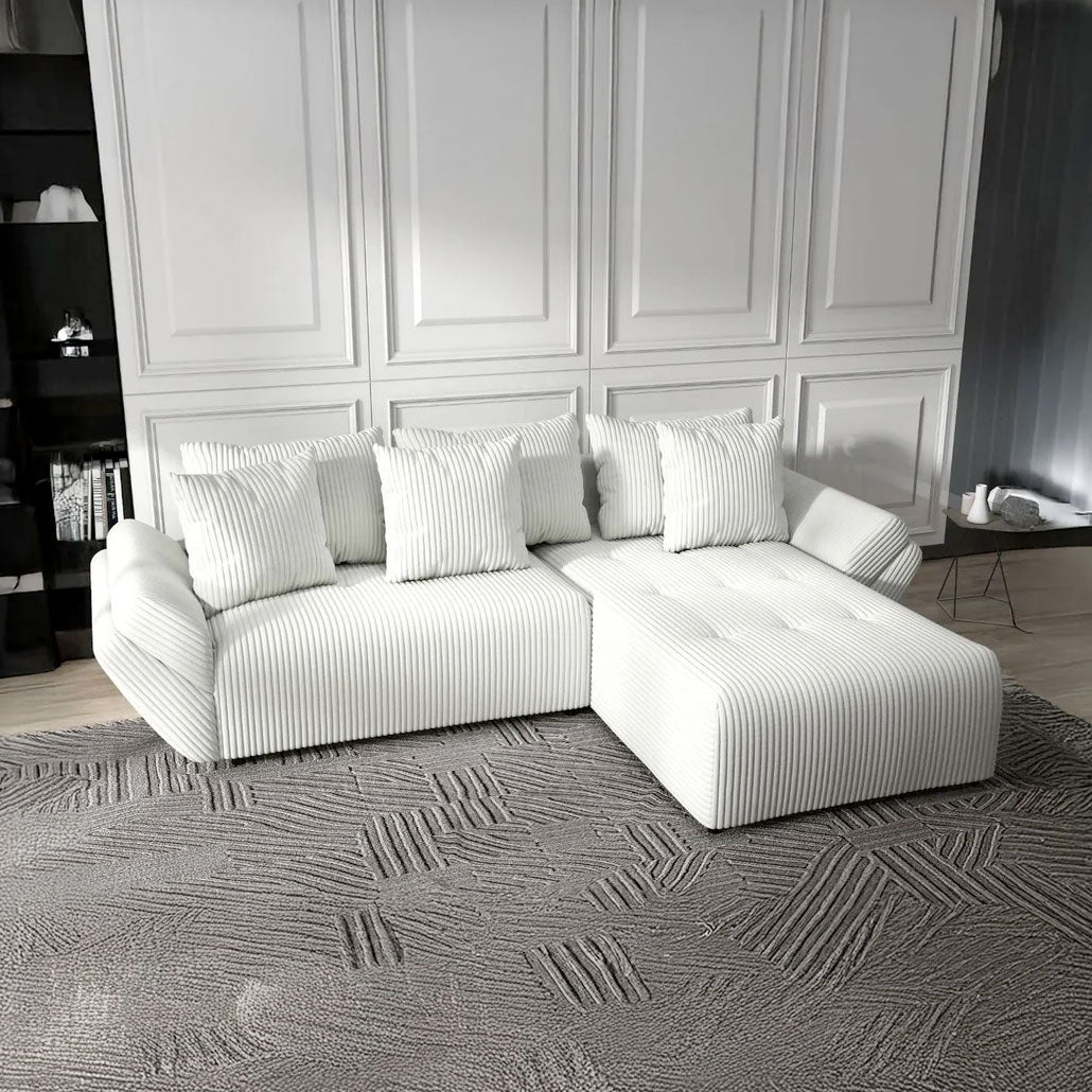 Colțar extensibil dumonde cu ladă de depozitare si sezut confortabil din spuma HR, Berlin Ambience Alb 280x185 cm II Fabrica