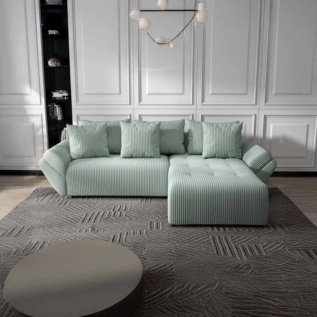 Colțar extensibil dumonde cu ladă de depozitare si sezut confortabil din spuma HR, Berlin Ambience Verde Mint 280x185 cm II Fabrica