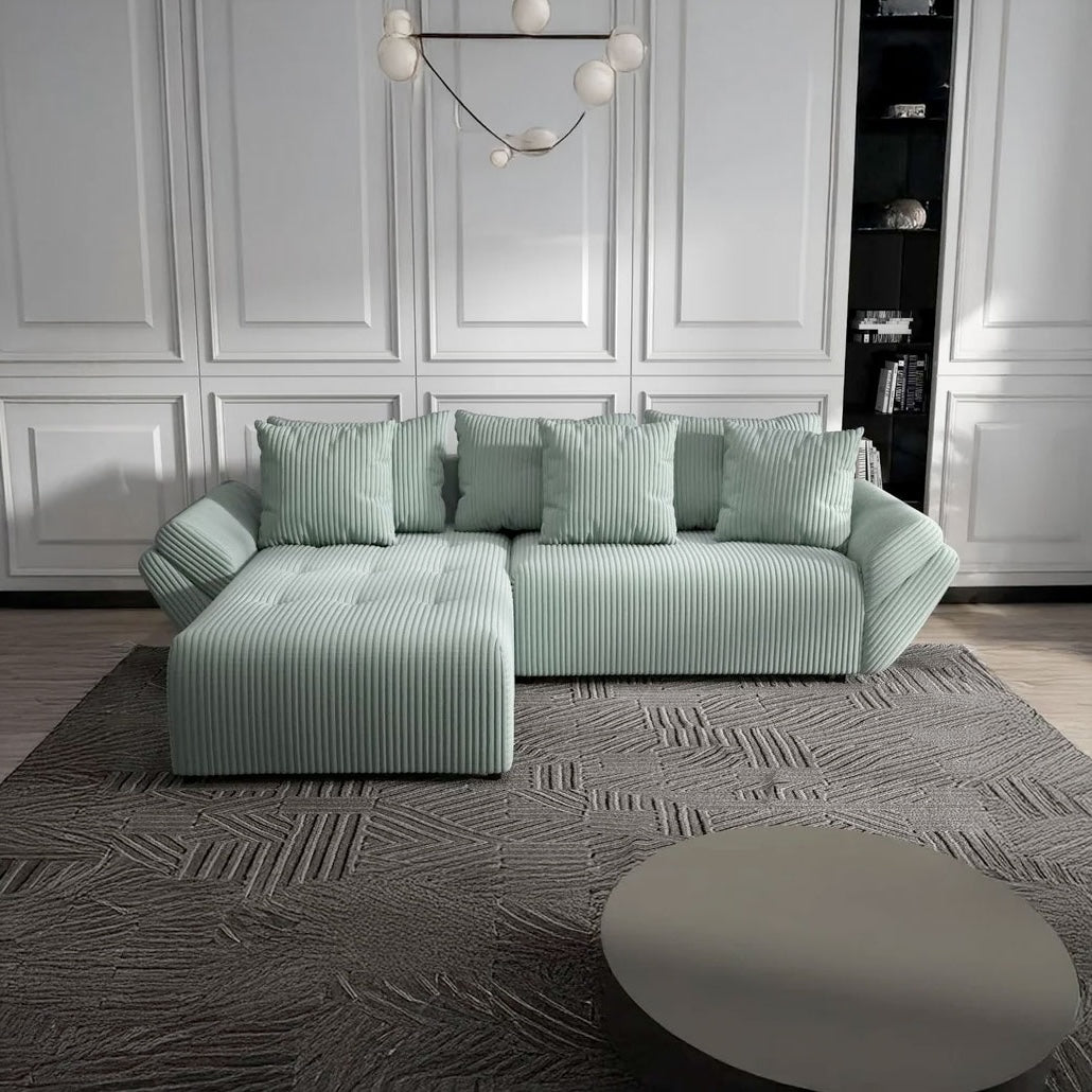 Colțar extensibil dumonde cu ladă de depozitare si sezut confortabil din spuma HR, Berlin Ambience Verde Mint 280x185 cm Fabrica