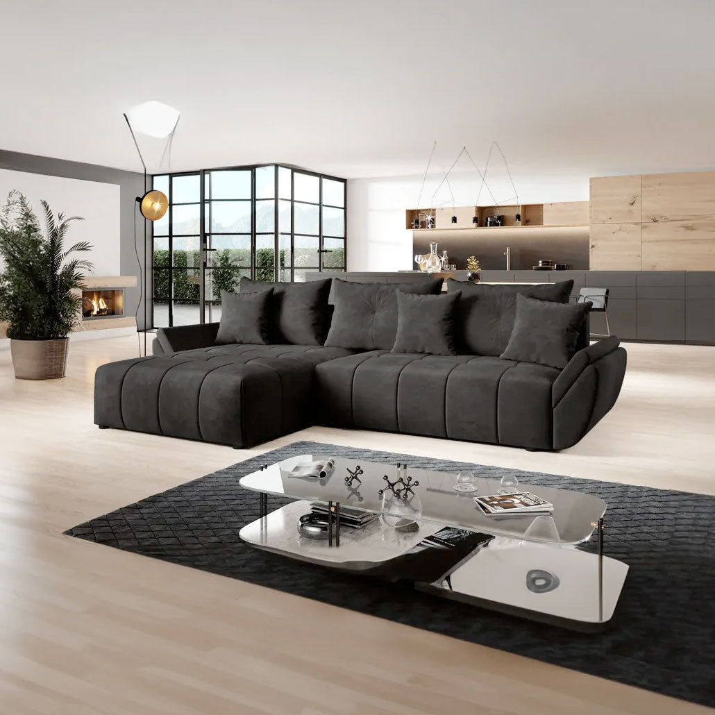 Colțar extensibil dumonde cu ladă de depozitare si sezut confortabil din spuma HR, Berlin Black 280x185 cm