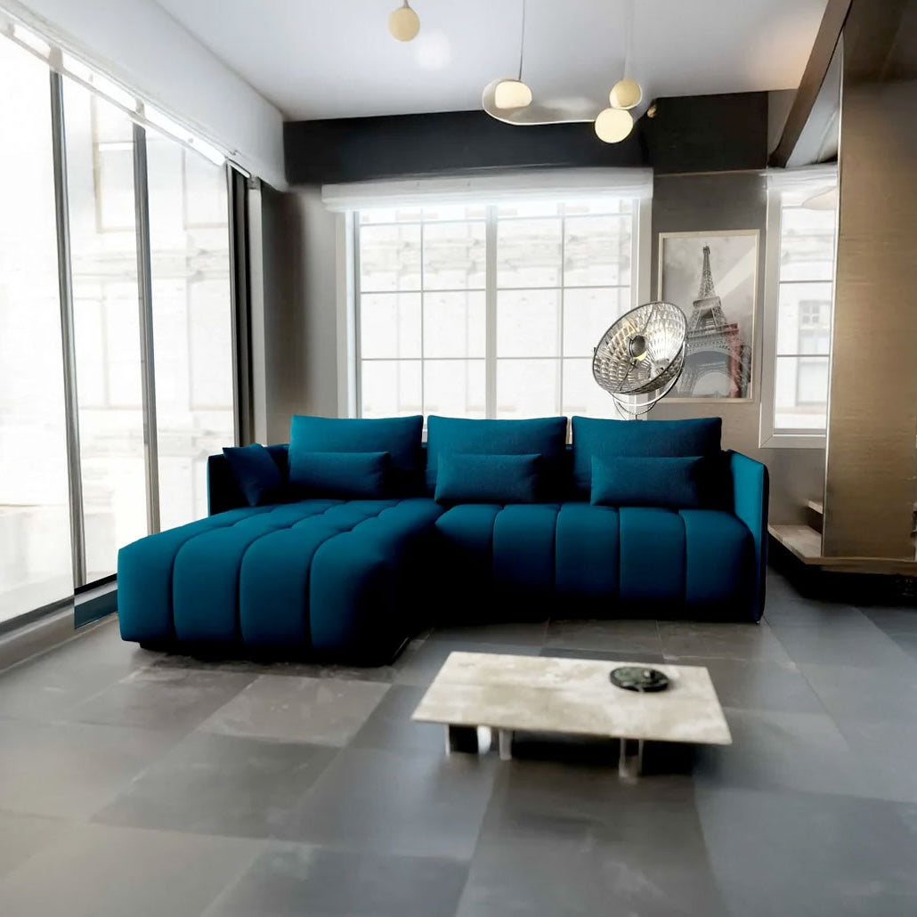 Colțar extensibil dumonde cu ladă de depozitare si sezut confortabil din spuma HR, Malta Verde Petrol 235x185 cm Fabrica