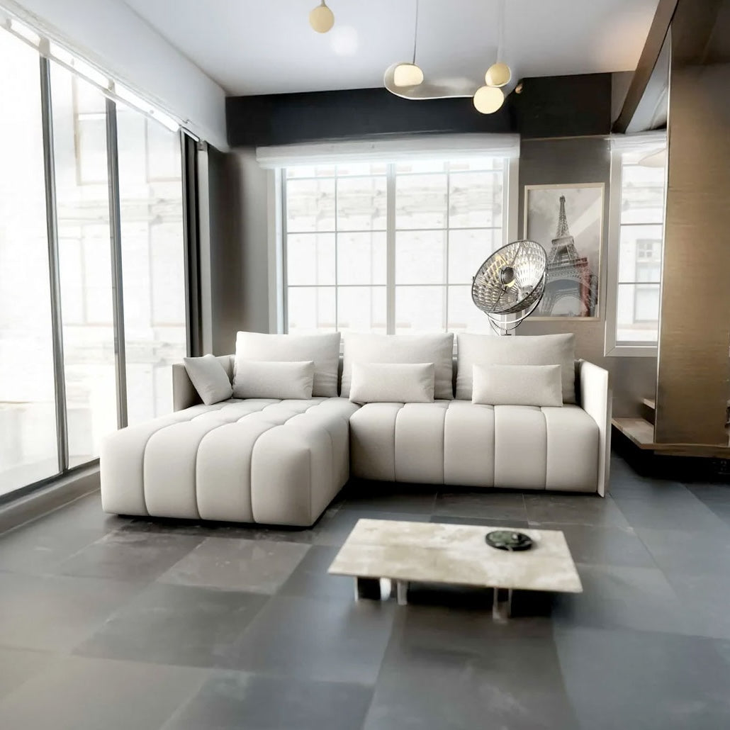 Colțar extensibil dumonde cu ladă de depozitare si sezut confortabil din spuma HR, Malta Beige 235x185 cm Fabrica