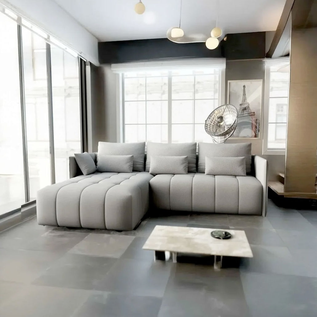 Colțar extensibil dumonde cu ladă de depozitare si sezut confortabil din spuma HR, Malta Grey 235x185 cm Fabrica