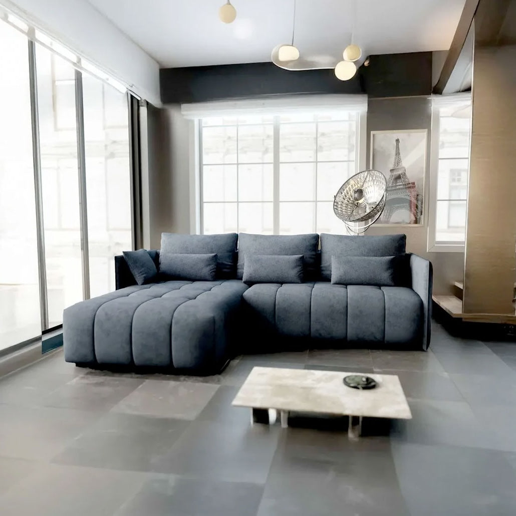 Colțar extensibil dumonde cu ladă de depozitare si sezut confortabil din spuma HR, Malta Grau 235x185 cm Fabrica
