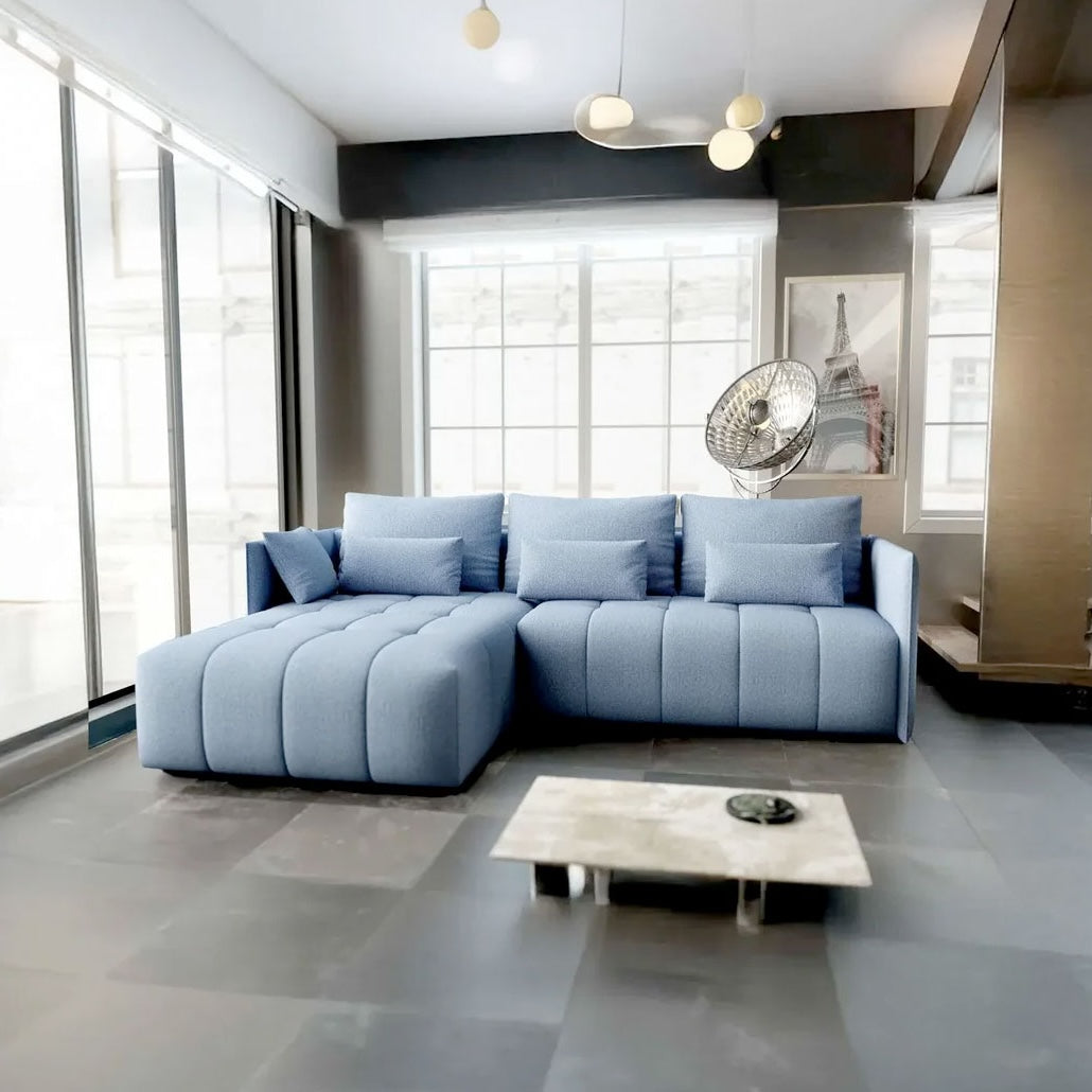 Colțar extensibil dumonde cu ladă de depozitare si sezut confortabil din spuma HR, Malta Blue 235x185 cm Fabrica