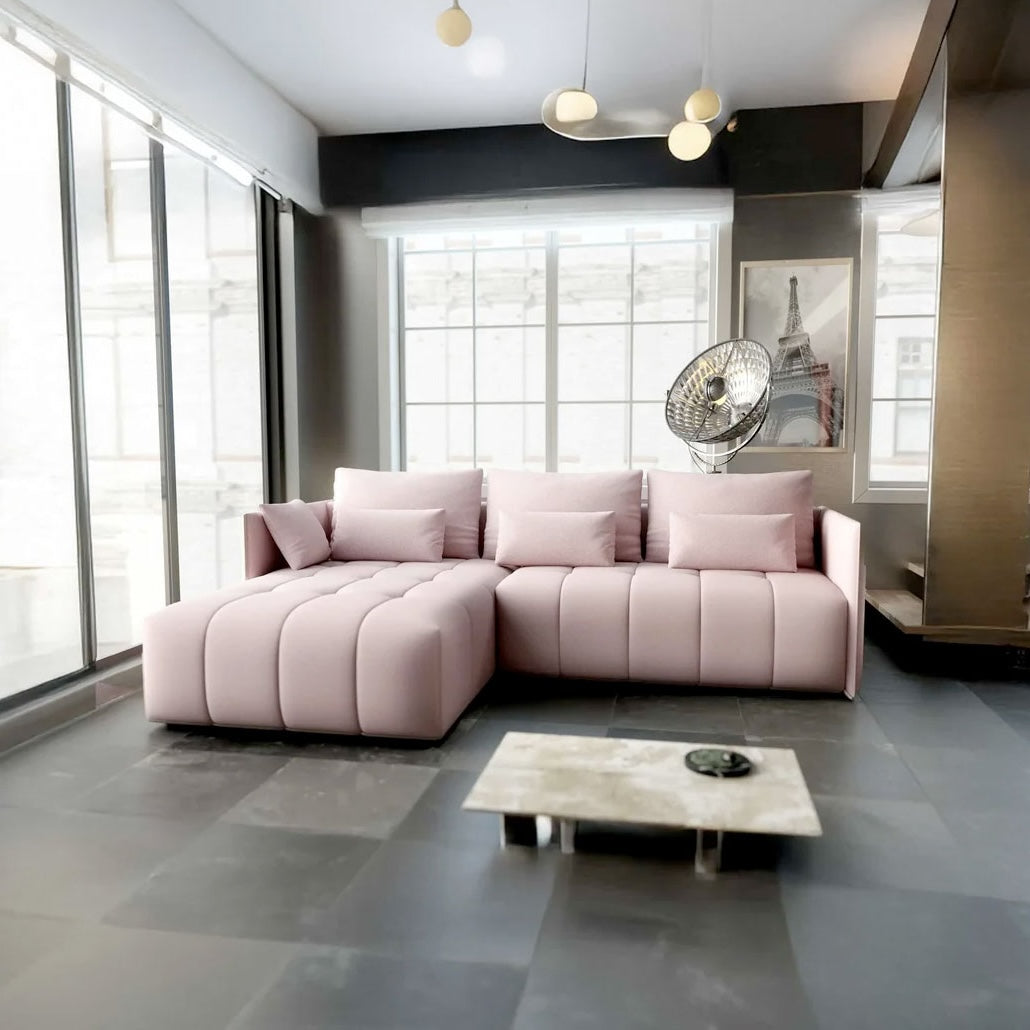 Colțar extensibil dumonde cu ladă de depozitare si sezut confortabil din spuma HR, Malta Rosa 235x185 cm Fabrica