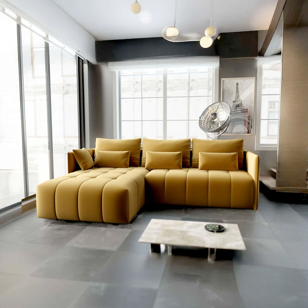 Colțar extensibil dumonde cu ladă de depozitare si sezut confortabil din spuma HR, Malta Muștar 235x185 cm Fabrica