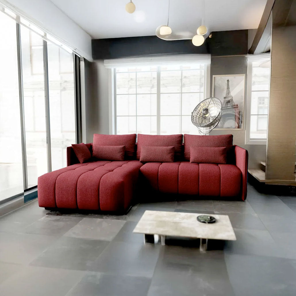 Colțar extensibil dumonde cu ladă de depozitare si sezut confortabil din spuma HR, Malta Bordoux 235x185 cm Fabrica